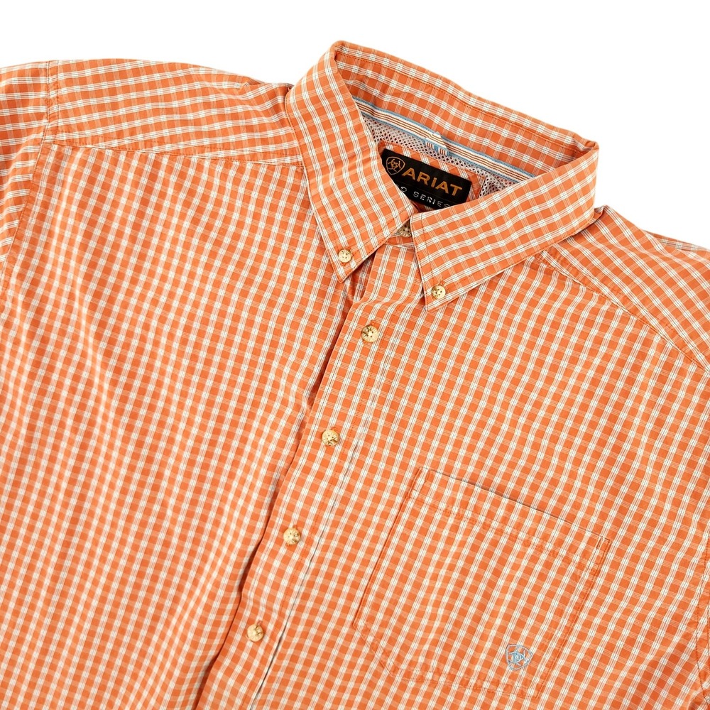 Ariat Shirt Mens 2XL Orange Check Short Sleeve Button Up Western Casual